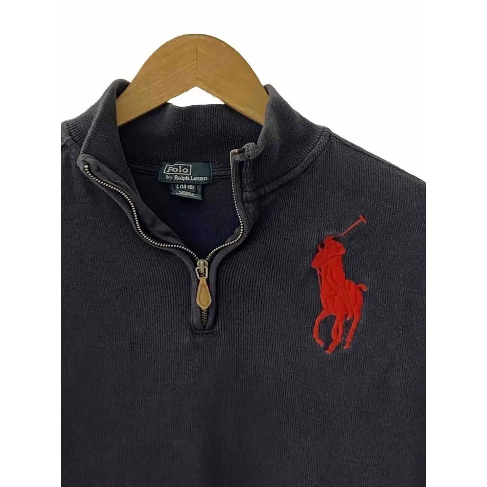VINTAGE RALPH LAUREN POLO Navy Blue Ribbed knit Sweater Big Pony Kids L 14-16‎